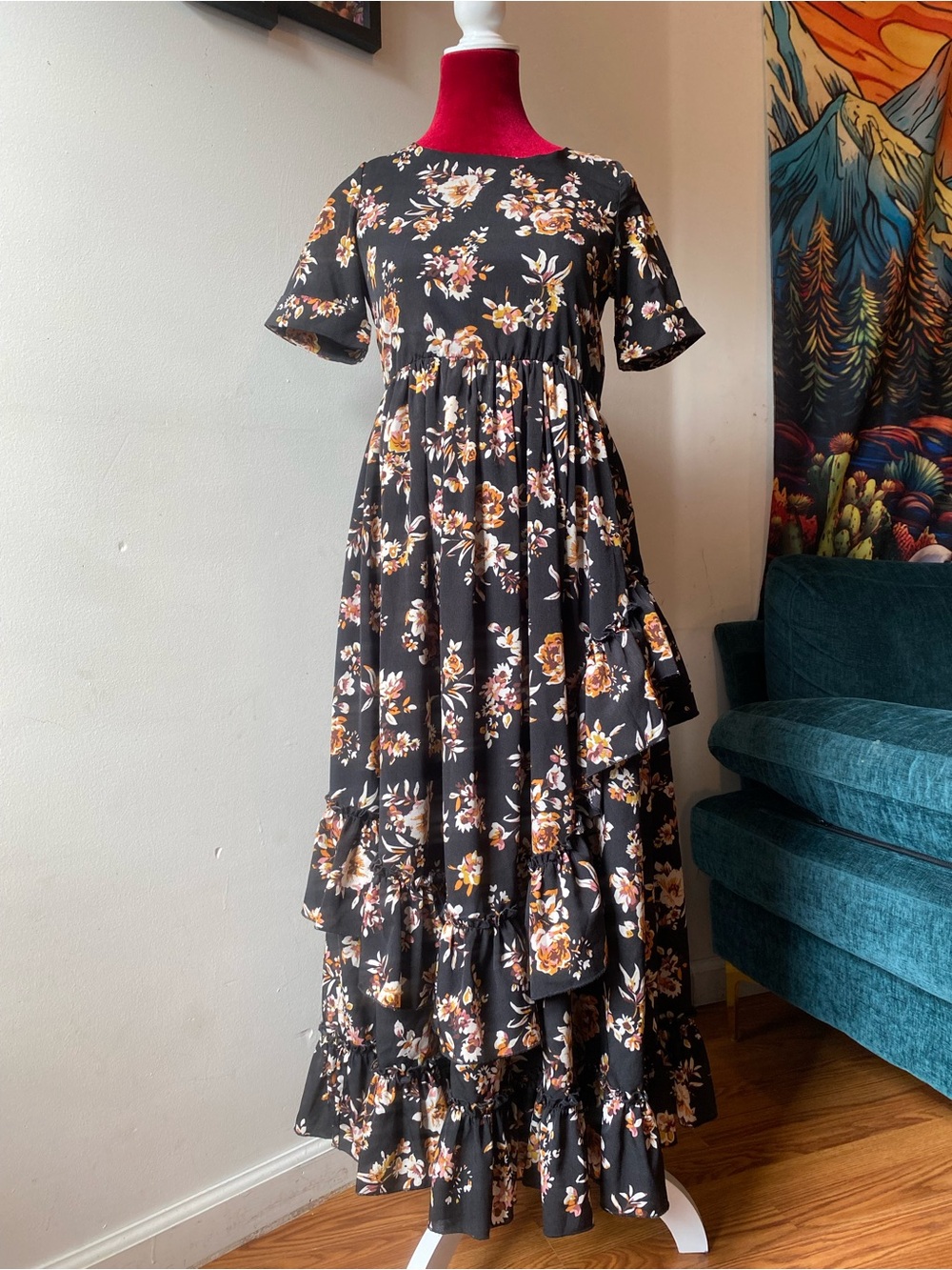 Black Floral Tiered Maxi Dress with Short Sleeves - Women